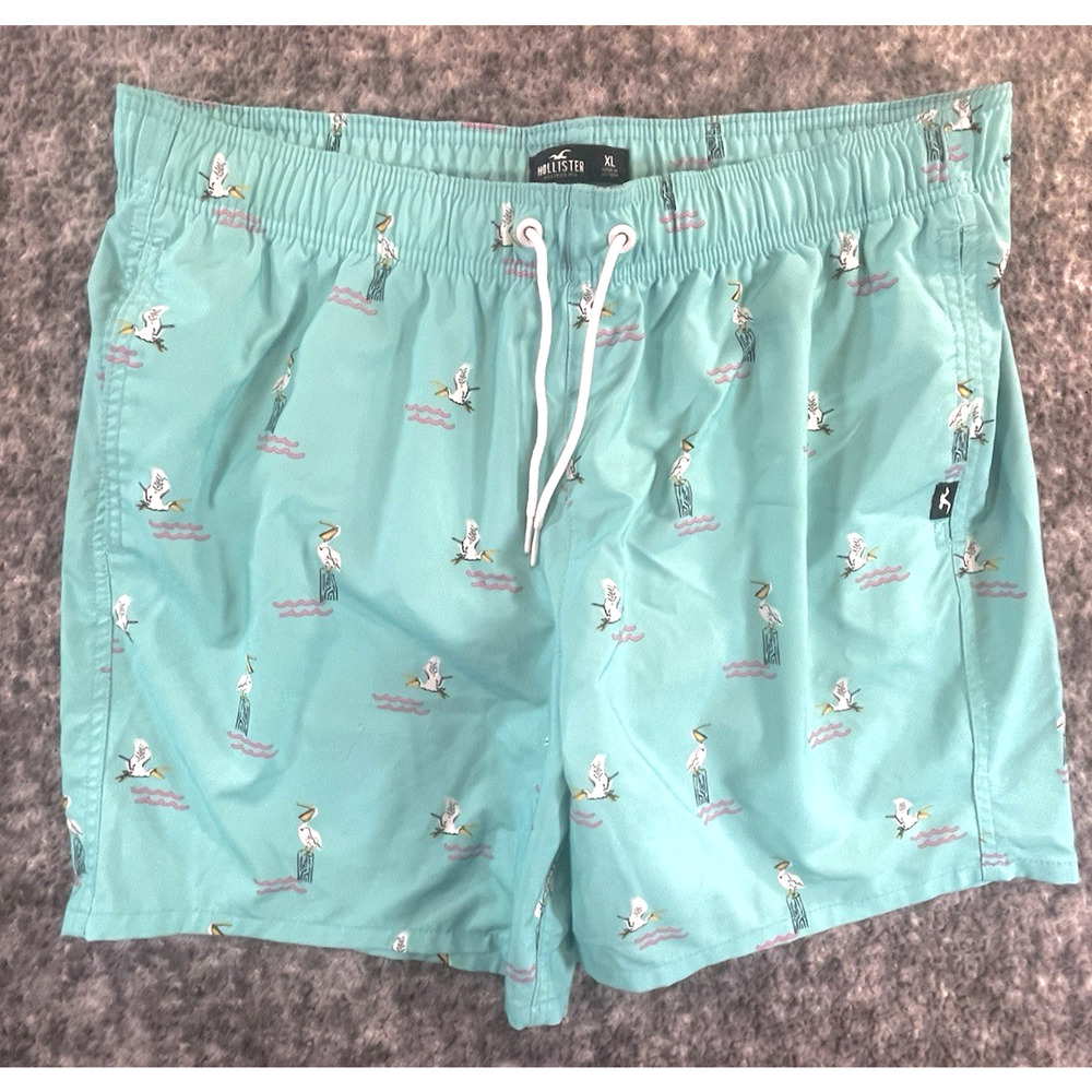 Hollister Men’s Swim Trunks Size XL Aqua Pelican Print Beach Board Shorts